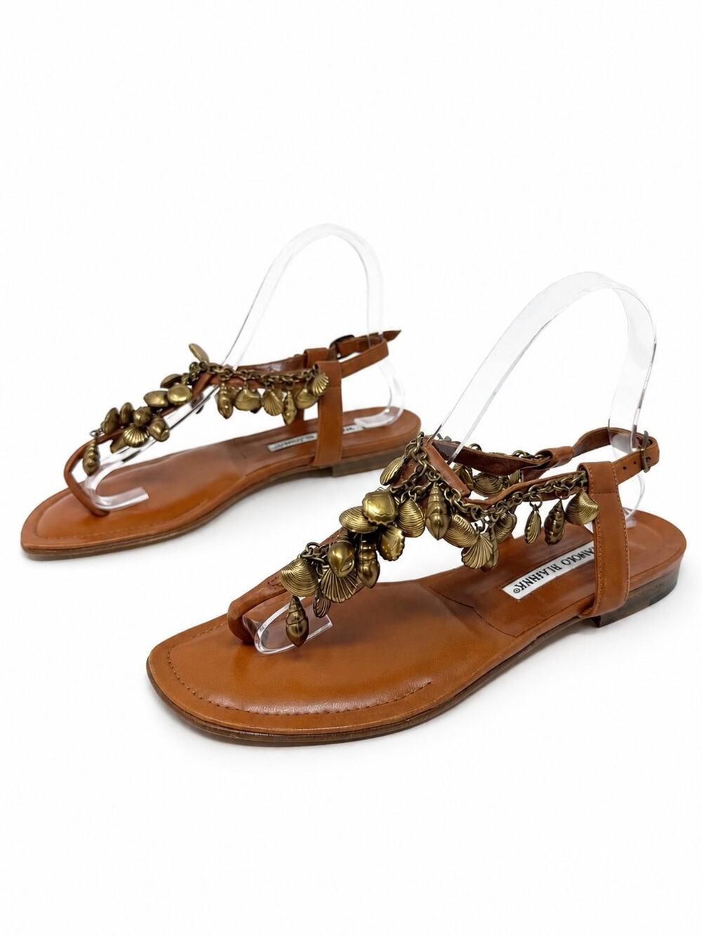 Manolo Blahnik Charm Leather Thong Flat Sandals Womens EU 38.5
